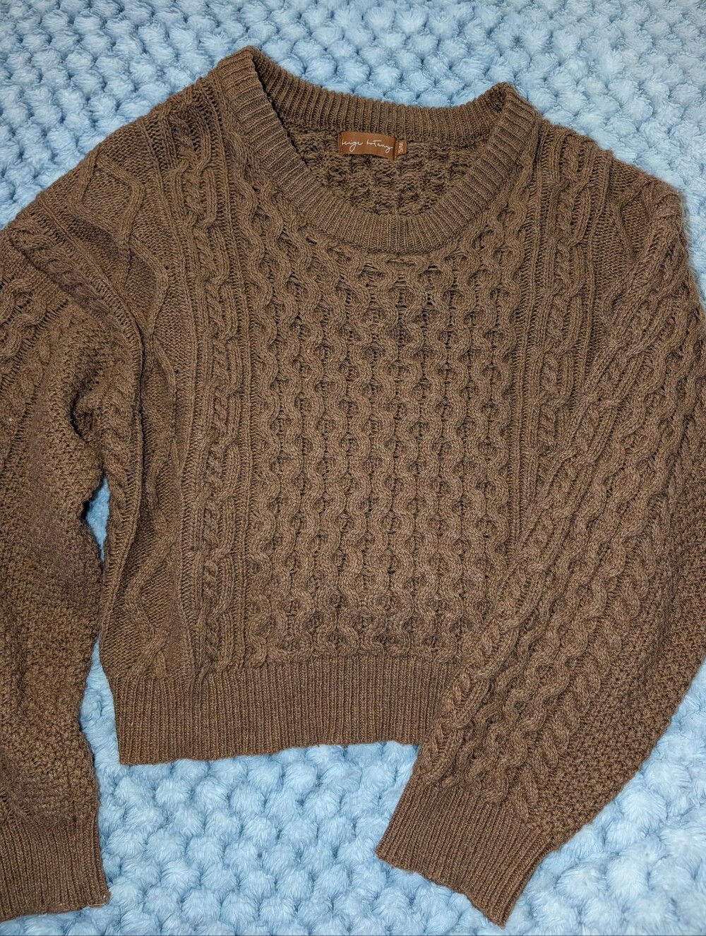 Beige Botany Brown Cable Knit Open Back Tie Sweater S/M